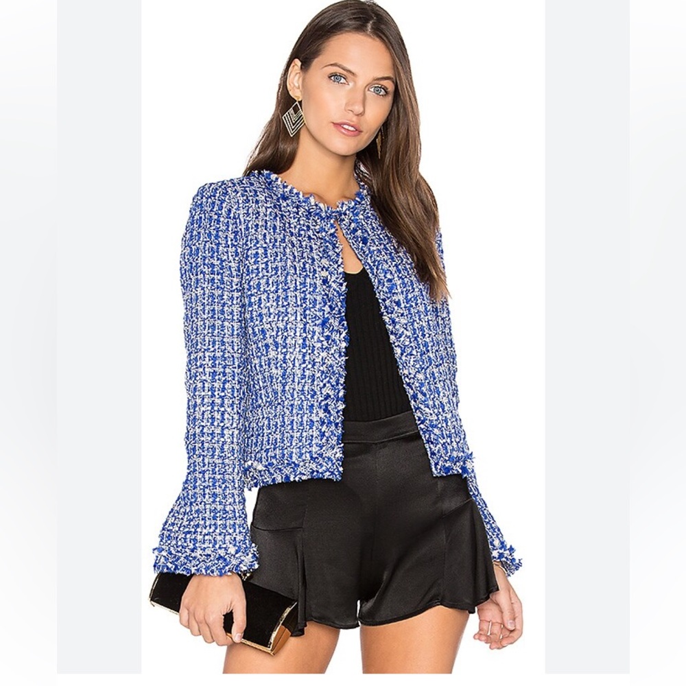 Alice + Olivia Nila Tweed Frayed-Hem Box Jacket